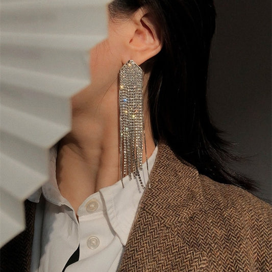 MeaniBeauty Long Crystal Tassel Dangle Earrings